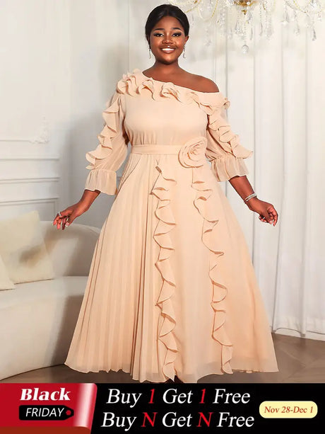 Elegant A Line Off-shoulder Chiffon Pleated Dress Ruffles 3D Flowers AP / L