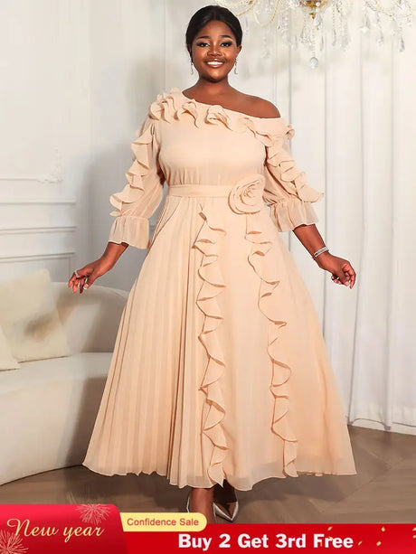 Elegant A Line Off-shoulder Chiffon Pleated Dress Ruffles 3D Flowers AP / L