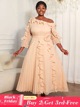 Elegant A Line Off-shoulder Chiffon Pleated Dress Ruffles 3D Flowers AP / L