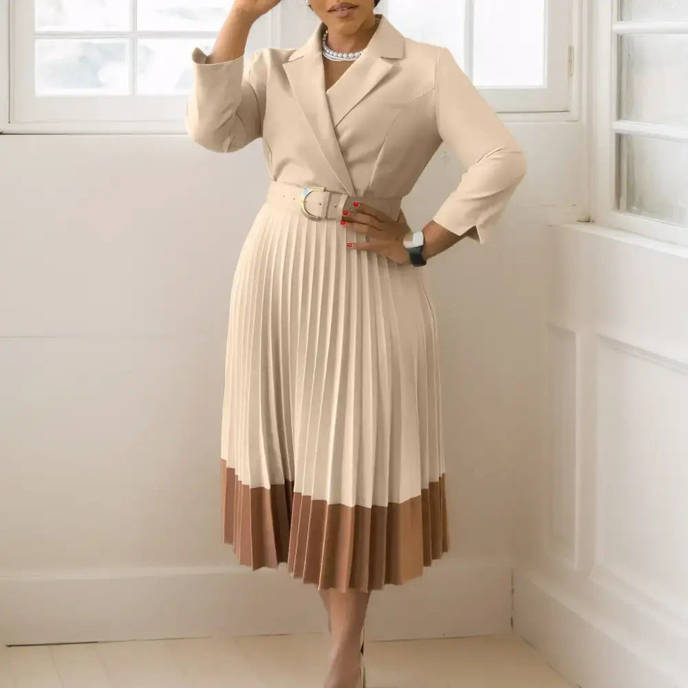Elegant A line Pleated Blazer Dresses for Women High Waisted Party Suit Khaki / S