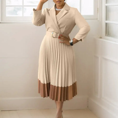 Elegant A line Pleated Blazer Dresses for Women High Waisted Party Suit Khaki / S