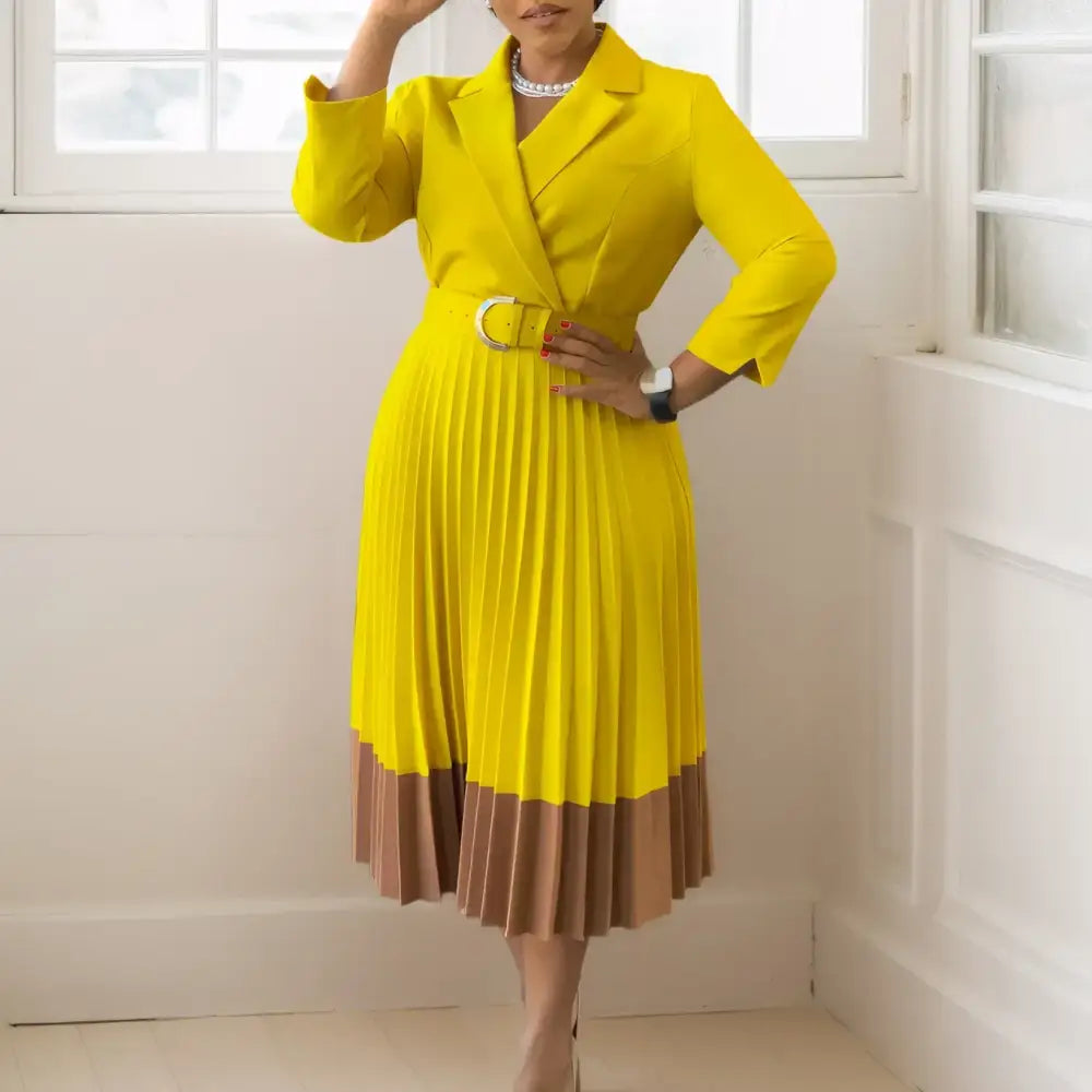 Elegant A line Pleated Blazer Dresses for Women High Waisted Party Suit Yellow / S