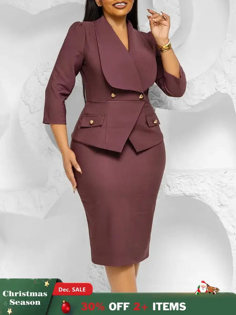 Elegant African Women Church Dresses Lapel Collar Three Quarter Sleeve