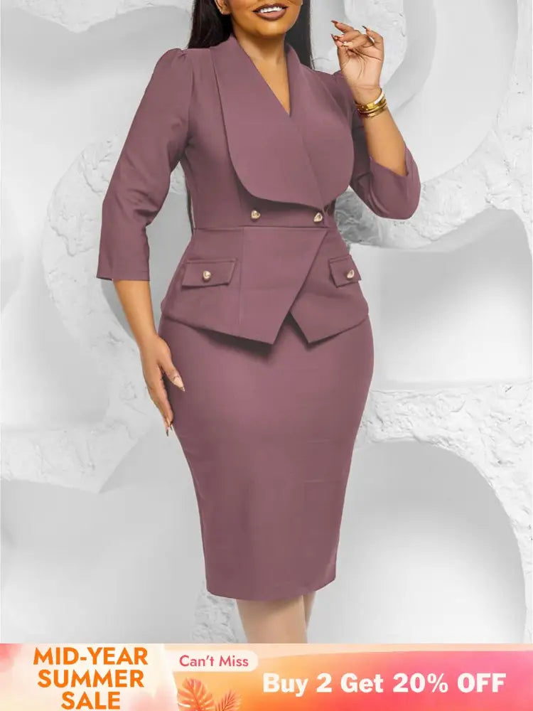 Elegant African Women Church Dresses Lapel Collar Three Quarter Sleeve