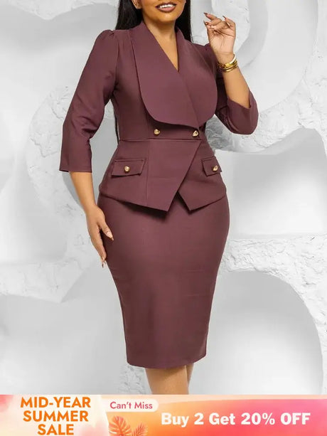 Elegant African Women Church Dresses Lapel Collar Three Quarter Sleeve