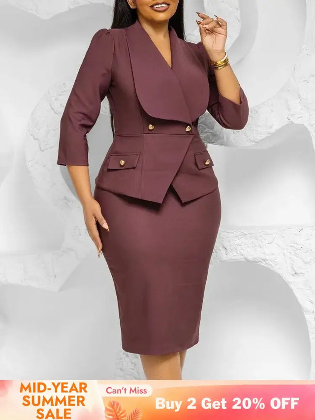 Elegant African Women Church Dresses Lapel Collar Three Quarter Sleeve