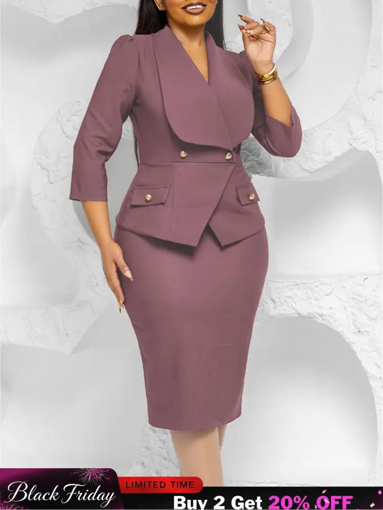 Elegant African Women Church Dresses Lapel Collar Three Quarter Sleeve
