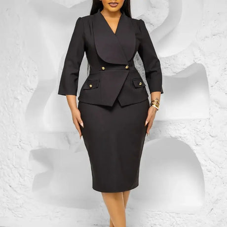 Elegant African Women Church Dresses Lapel Collar Three Quarter Sleeve