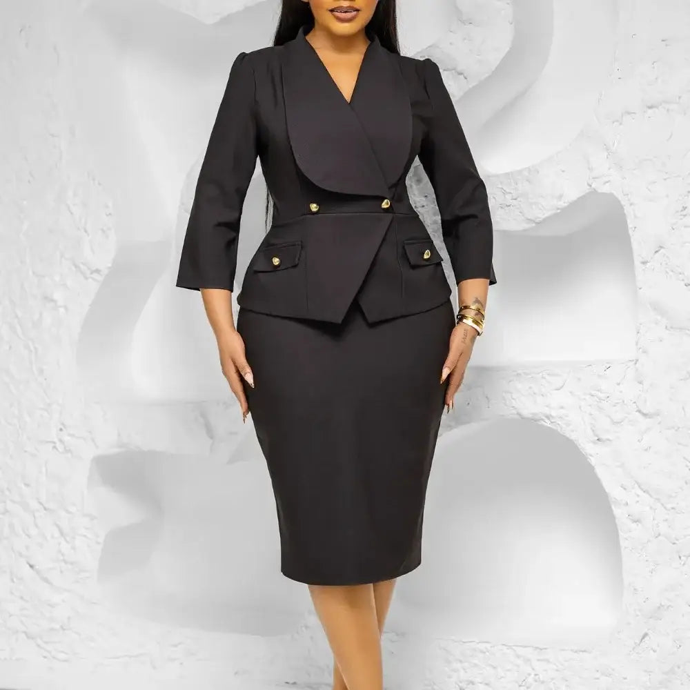 Elegant African Women Church Dresses Lapel Collar Three Quarter Sleeve black / S