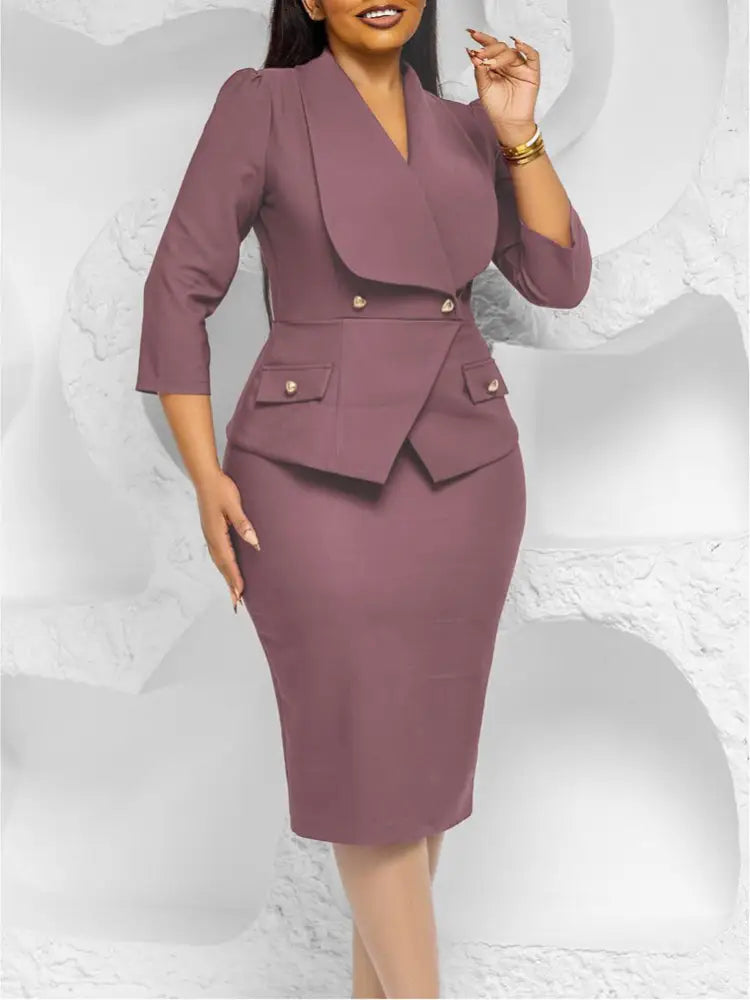 Elegant African Women Church Dresses Lapel Collar Three Quarter Sleeve - Brown / S