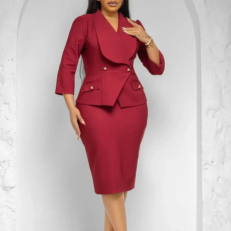 Elegant African Women Church Dresses Lapel Collar Three Quarter Sleeve Red / S
