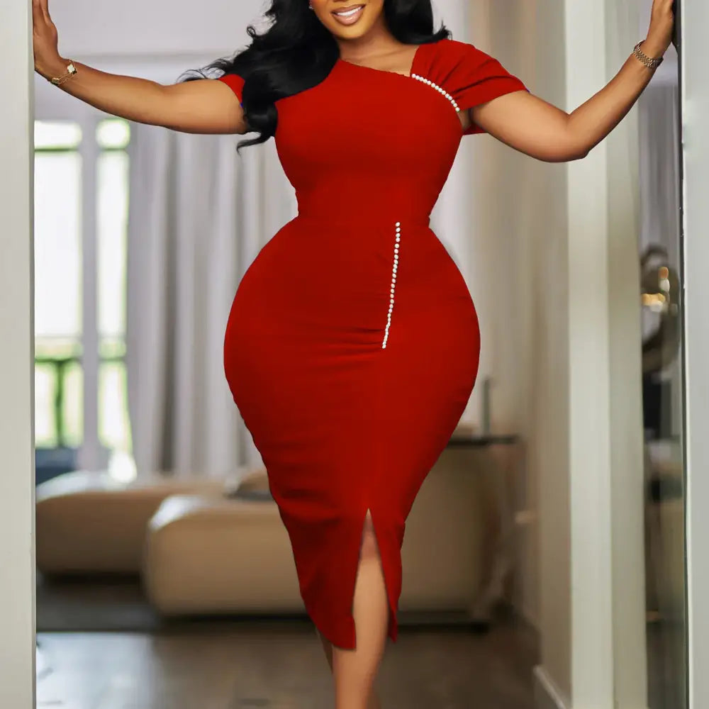 Elegant Bodycon Dresses Skew Collar Beading Women Office Ladies Church