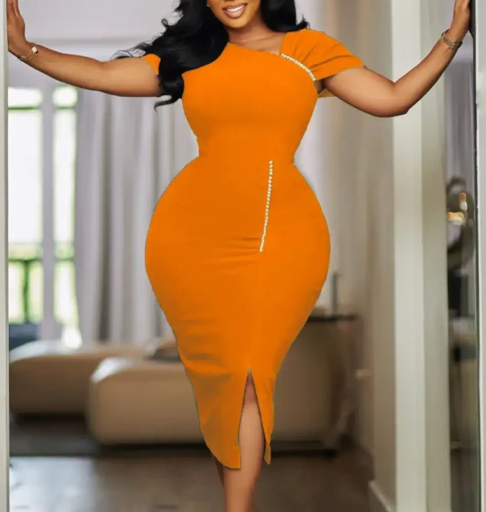 Elegant Bodycon Dresses Skew Collar Beading Women Office Ladies Church