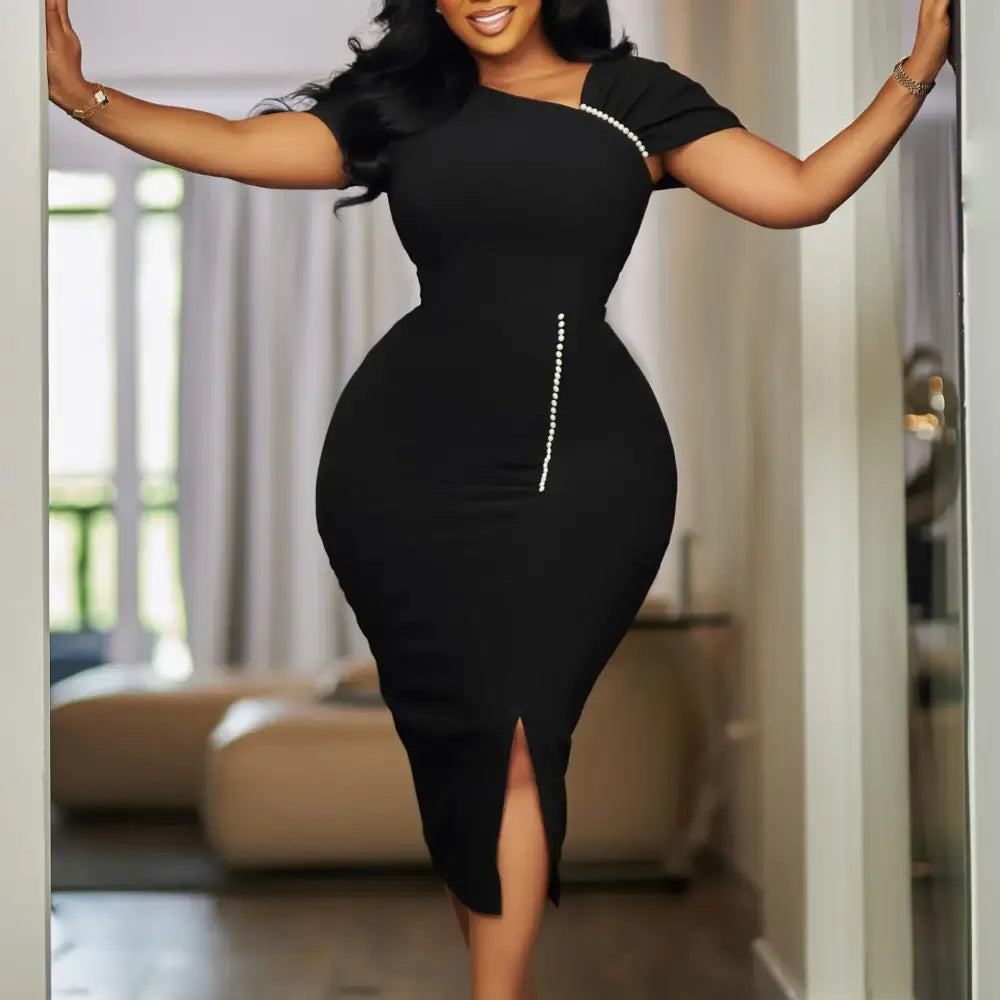 Elegant Bodycon Dresses Skew Collar Beading Women Office Ladies Church Black / S