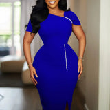 Elegant Bodycon Dresses Skew Collar Beading Women Office Ladies Church Blue / S