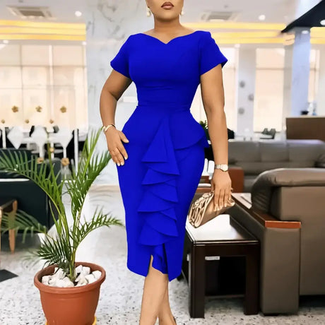 Elegant Church Dresses for Women Bodycon V Neck Ruffles Short Sleeves Blue / S