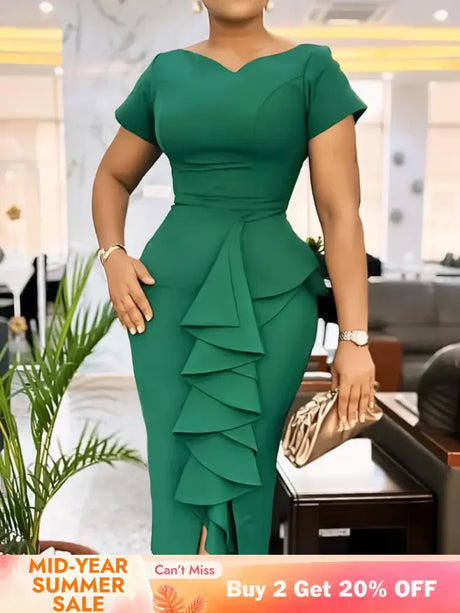 Elegant Church Dresses for Women Bodycon V Neck Ruffles Short Sleeves Green / S