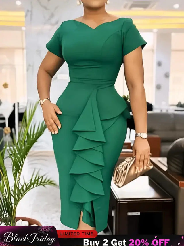 Elegant Church Dresses for Women Bodycon V Neck Ruffles Short Sleeves Green / S