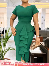 Elegant Church Dresses for Women Bodycon V Neck Ruffles Short Sleeves Green / S