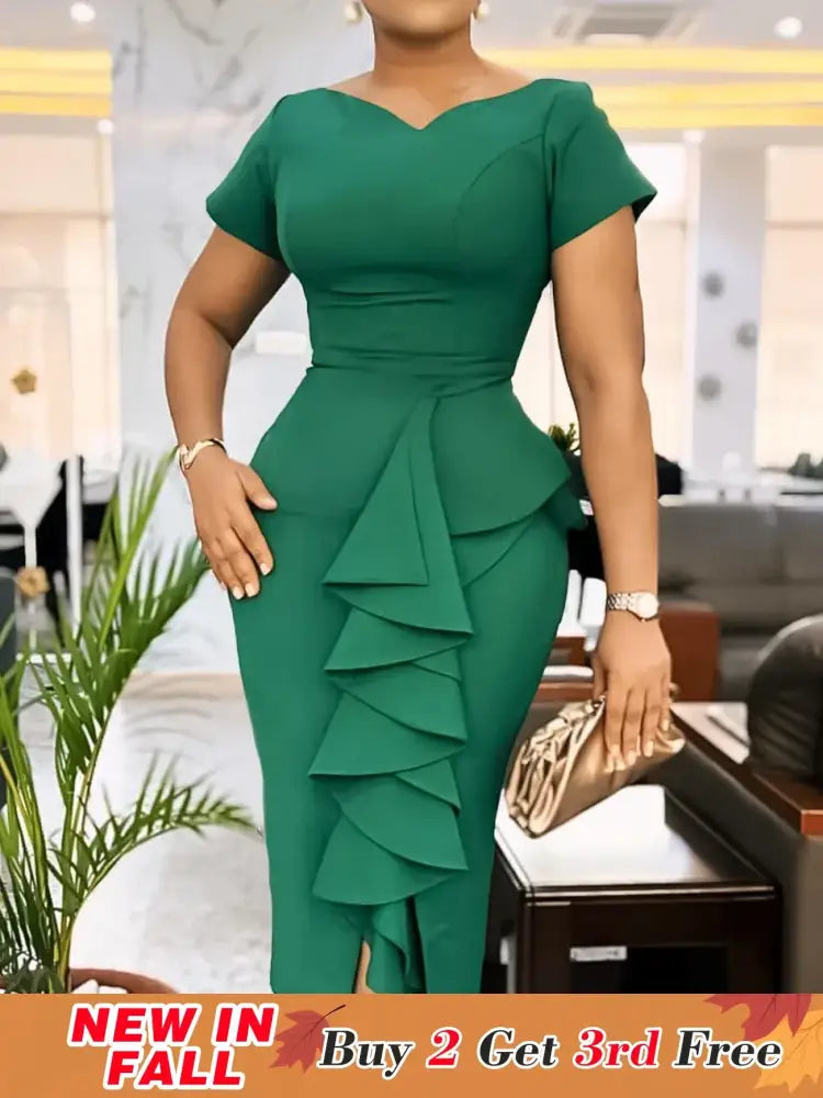 Elegant Church Dresses for Women Bodycon V Neck Ruffles Short Sleeves Green / S