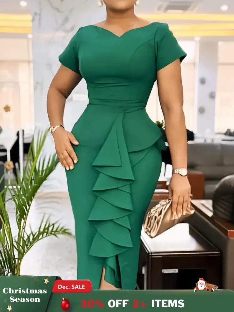 Elegant Church Dresses for Women Bodycon V Neck Ruffles Short Sleeves Green / S