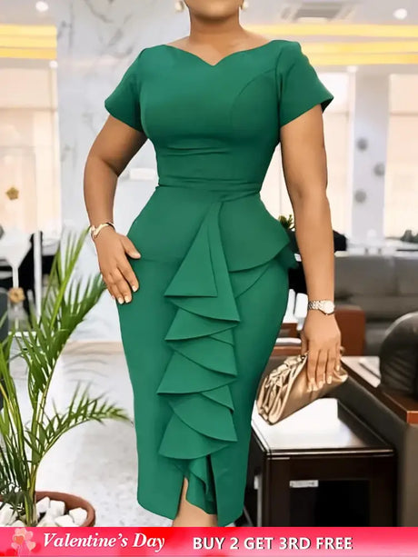 Elegant Church Dresses for Women Bodycon V Neck Ruffles Short Sleeves Green / S