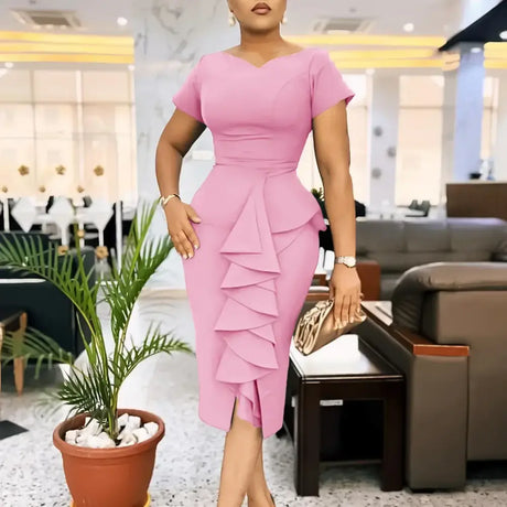 Elegant Church Dresses for Women Bodycon V Neck Ruffles Short Sleeves Pink / S