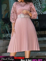 Elegant Church Dresses for Women Lace Hollow Out Patchwork Pleated Female Gowns