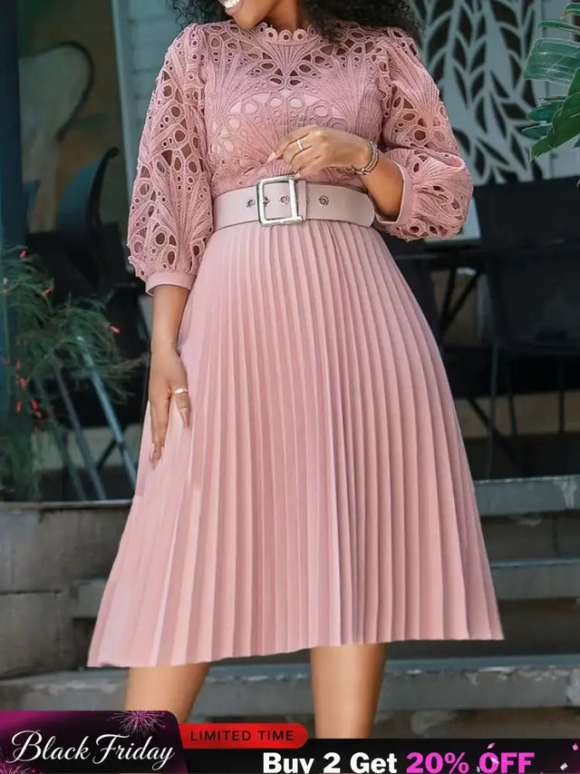 Elegant Church Dresses for Women Lace Hollow Out Patchwork Pleated Female Gowns