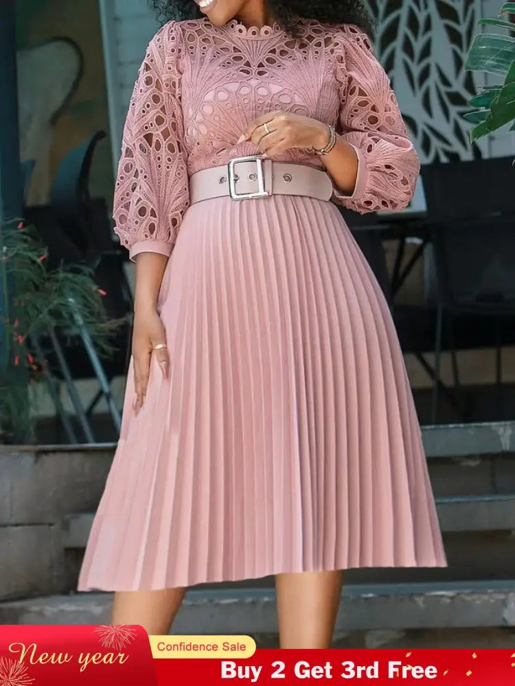 Elegant Church Dresses for Women Lace Hollow Out Patchwork Pleated Female Gowns