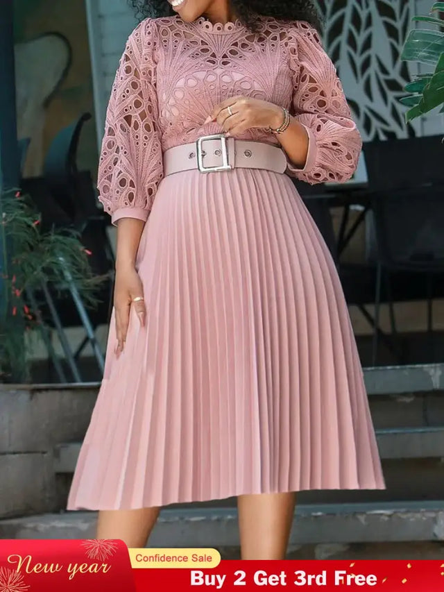 Elegant Church Dresses for Women Lace Hollow Out Patchwork Pleated Female Gowns