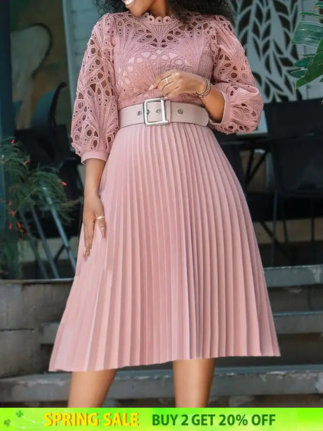 Elegant Church Dresses for Women Lace Hollow Out Patchwork Pleated Female Gowns