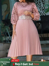 Elegant Church Dresses for Women Lace Hollow Out Patchwork Pleated Female Gowns