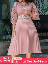 Elegant Church Dresses for Women Lace Hollow Out Patchwork Pleated Female Gowns