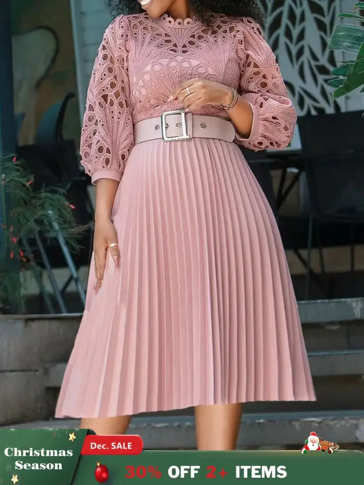 Elegant Church Dresses for Women Lace Hollow Out Patchwork Pleated Female Gowns