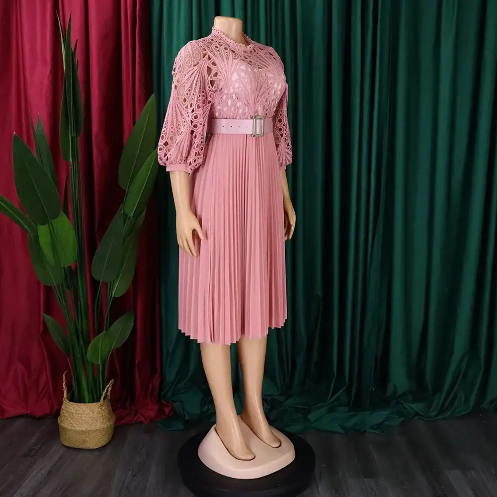 Elegant Church Dresses for Women Lace Hollow Out Patchwork Pleated Female Gowns