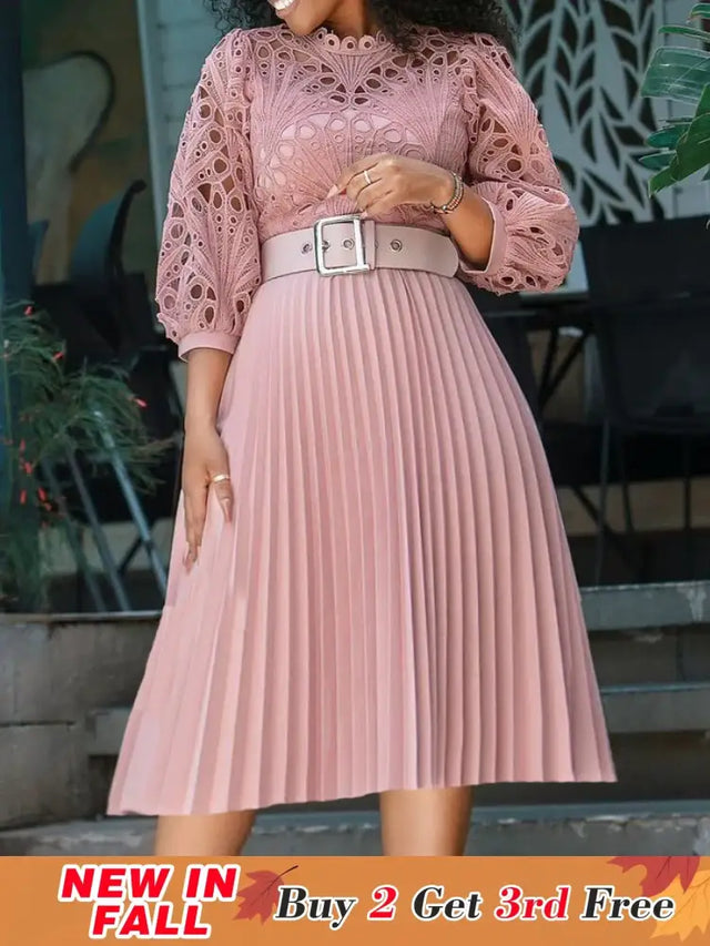 Elegant Church Dresses for Women Lace Hollow Out Patchwork Pleated Female Gowns