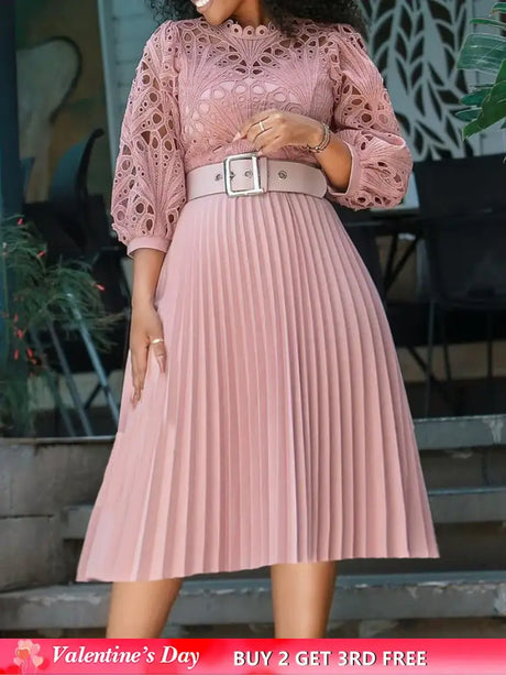 Elegant Church Dresses for Women Lace Hollow Out Patchwork Pleated Female Gowns