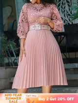 Elegant Church Dresses for Women Lace Hollow Out Patchwork Pleated Female Gowns