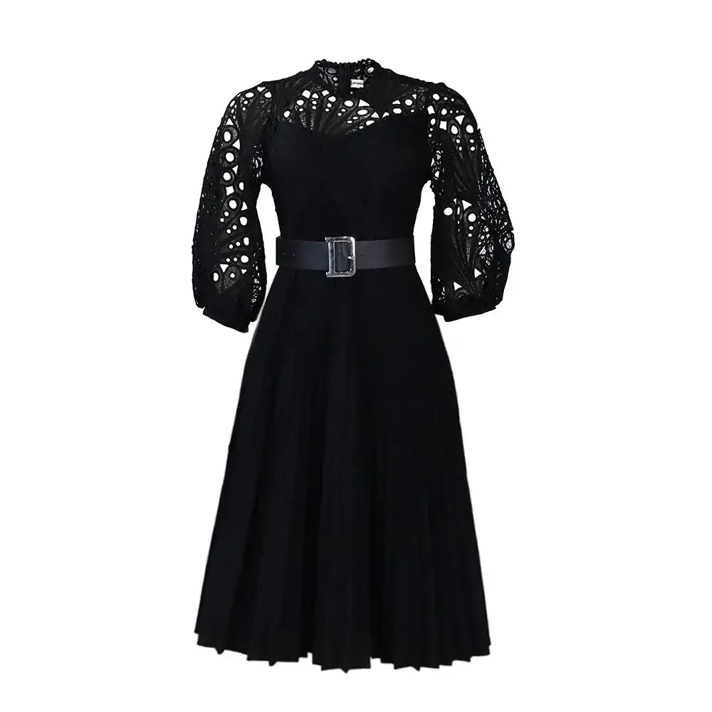 Elegant Church Dresses for Women Lace Hollow Out Patchwork Pleated Female Gowns Black / S