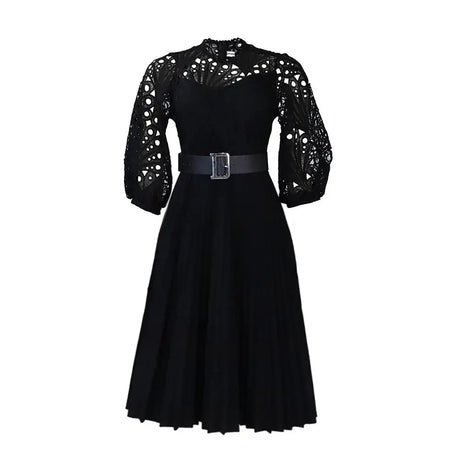 Elegant Church Dresses for Women Lace Hollow Out Patchwork Pleated Female Gowns Black / S