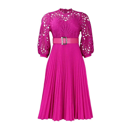 Elegant Church Dresses for Women Lace Hollow Out Patchwork Pleated Female Gowns Fuchsia / S