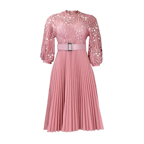 Elegant Church Dresses for Women Lace Hollow Out Patchwork Pleated Female Gowns Pink / S