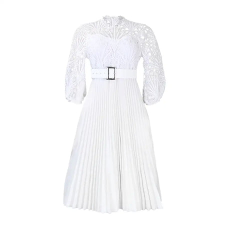 Elegant Church Dresses for Women Lace Hollow Out Patchwork Pleated Female Gowns WHITE / S