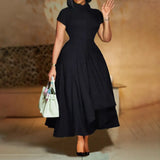 Elegant Church Dresses for Women Pleated A Line Short Sleeves Irregular Black / S