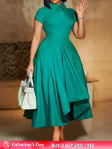 Elegant Church Dresses for Women Pleated A Line Short Sleeves Irregular peacock blue / S