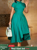 Elegant Church Dresses for Women Pleated A Line Short Sleeves Irregular peacock blue / S