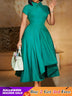 Elegant Church Dresses for Women Pleated A Line Short Sleeves Irregular peacock blue / S