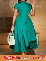 Elegant Church Dresses for Women Pleated A Line Short Sleeves Irregular peacock blue / S