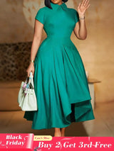 Elegant Church Dresses for Women Pleated A Line Short Sleeves Irregular peacock blue / S